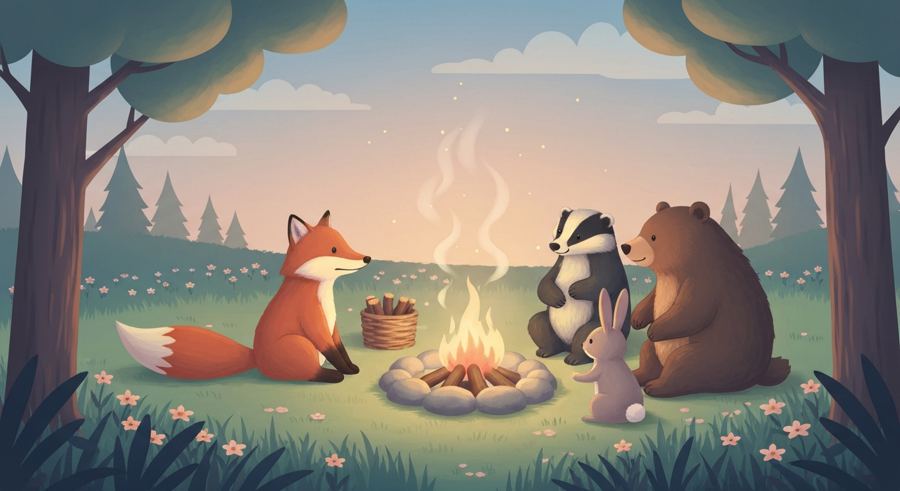 Illustration of woodland animals — a fox, a badger, a bear, and a rabbit — calmly regathered around a campfire in a forest clearing at dusk.