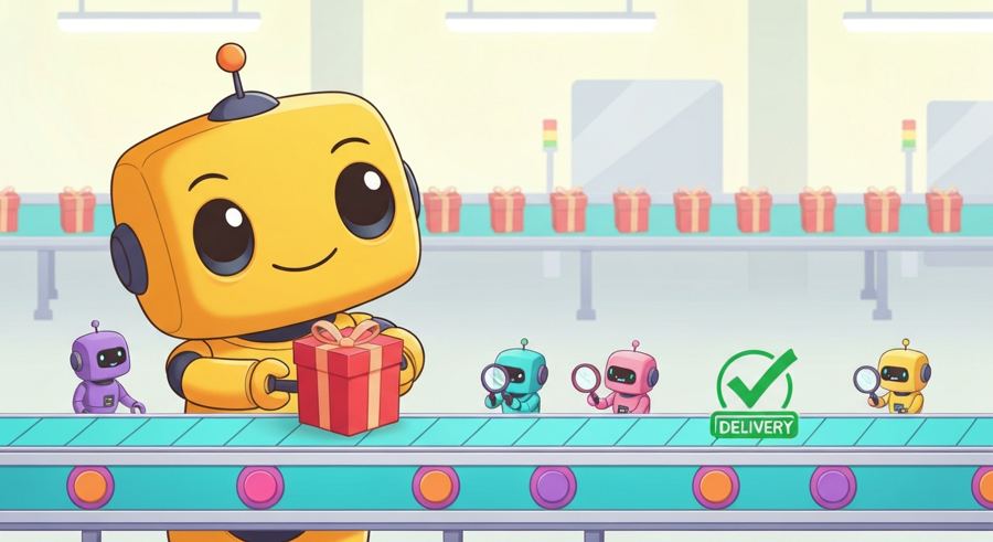 Cartoon of a large friendly robot placing a wrapped gift on a conveyor belt while smaller robots inspect it with magnifying glasses before a green delivery checkmark.