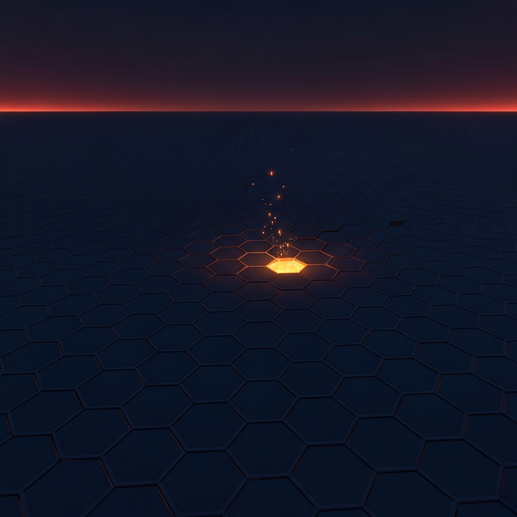 A vast dark honeycomb of cells, exactly one glowing warmly from within.