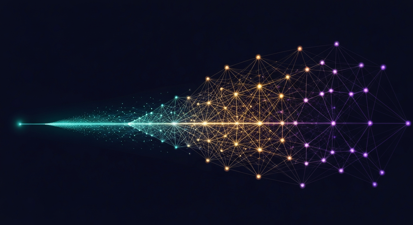 An abstract illustration of a single stream of light entering from the left and blossoming into an interconnected web of glowing nodes on the right.