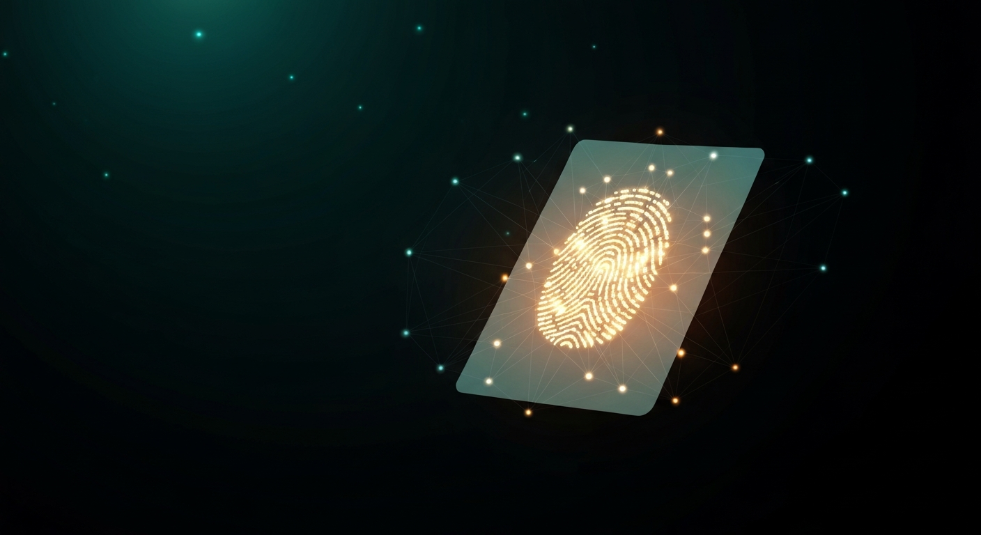 An abstract illustration of a single glowing document sealed with a luminous fingerprint of light, threads radiating out to connect it to distant nodes.