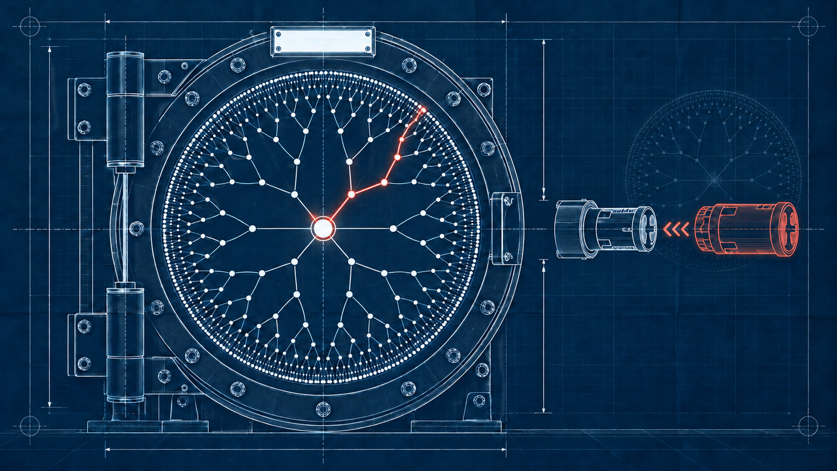 A blueprint of a round bank-vault door on navy paper. Its locking wheel is a hash tree that branches from one bright centre node out to a ring of tiny dots, with a single path from one leaf to the centre traced in coral. To the right, the old white lock cylinder has been slid out and a coral replacement waits to slide in.