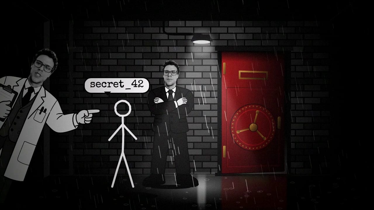 A black-and-white rainy alley with a stick figure holding a sign reading secret_42, a suited bouncer and a red vault door.