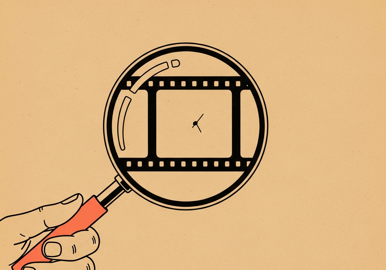 A magnifying glass held over a single film frame, revealing a flaw invisible until you look.